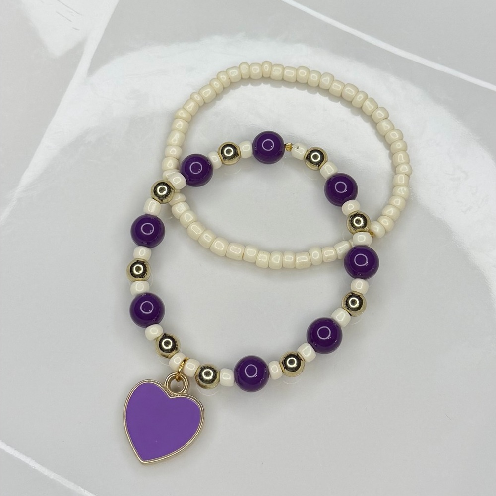 Chic Purple and Cream Heart Bracelet Set